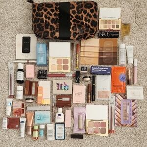 Leopard Print Makeup Travel Pouch with Cosmetic Assortment